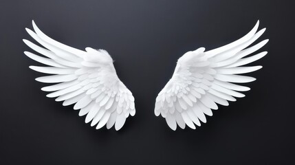 Stunning, realistic white angel wings stand out vividly against a deep black background, symbolizing purity and elegance.