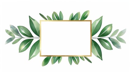 A stunning rectangular frame adorned with vibrant green watercolor leaves, perfect for any weddingthemed design or invitation.