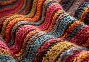 A close up of a knitted wool blanket, revealing the complex stitching and fiber details