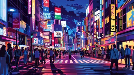 A vibrant street in Tokyo at night, with neon signs, bustling crowds, and the iconic Shibuya Crossing