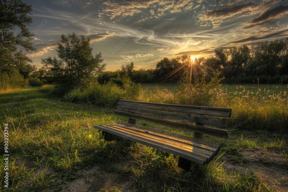 Poster a wooden bench situated in the middle of an open field, surrounded by nature