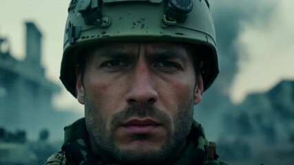 A portrait of a stressed soldier in a war zone, standing amidst a backdrop of ruins and conflict.