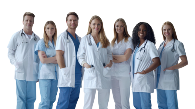 Group of Diverse Healthcare Professionals Standing Together in Surgical Attire at a Medical Facility