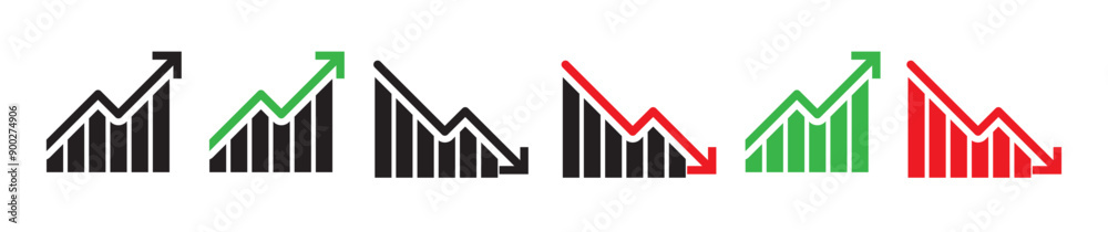 Aufkleber Graph chart vector icon set. stock growth graph symbol. increase or decrease arrow chart icon in black, green and red colors