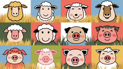 simple vector icon logo design with farm, agriculture, goat, pig, sheep, cow theme, full color