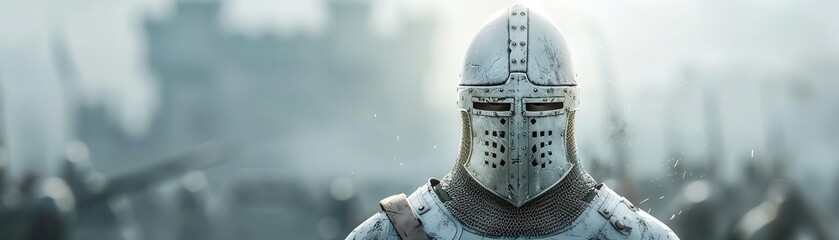 Medieval knight in full armor with helmet, standing strong in a foggy battlefield with castle in background. Historical warrior scene.