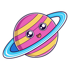 Obraz premium Adorable kawaii pink and yellow planet character with blue ring and cheerful expression