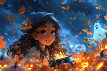 A charming Halloween-themed illustration featuring a young girl dressed as a witch. She is surrounded by glowing jack-o'-lanterns and playful ghosts, set against a backdrop of autumn leaves and a moon