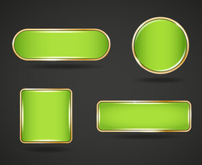 Green golden frame website button set. Circle square glossy frame