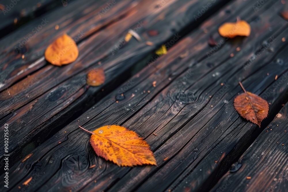 Poster a detailed view of a single leaf resting on a wooden surface