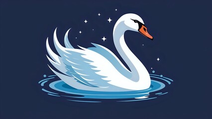 Fototapeta premium A white swan swimming in dark blue water with stars above.
