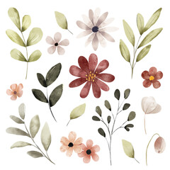 Flowers and leaves digital illustration, spring design, watercolor hand painting. Perfectly for printing, sublimation.	