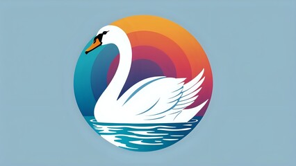 A white swan with an orange beak, swimming in blue water, against a colorful background.