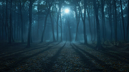 Obraz premium A mysterious forest illuminated by moonlight, casting long shadows and enveloped in mist, creating an enchanting atmosphere.