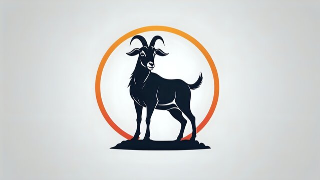 Silhouette of a goat with an orange circle behind it.