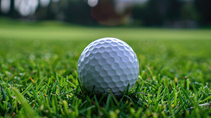 Obraz premium Close-up of a golf ball resting on lush green grass, ideal for sports and outdoor themes.