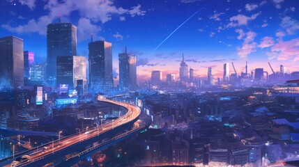 Fototapeta premium An anime city skyline at night, with skyscrapers lit up, bustling streets below, and a clear sky filled with stars