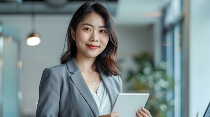 A confident professional woman standing in an office setting, exuding competence and poise.
