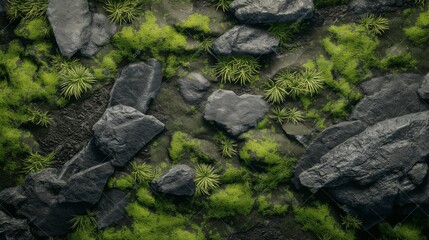 A game background texture that combines dark moss, light green grass, and various sized stones, offering a versatile setting for different game scenarios.