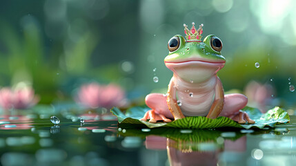 Enchanting 3D Cartoon of a Pink and Green Friendly Frog with a Crown on a Lily Pad with Copy Space