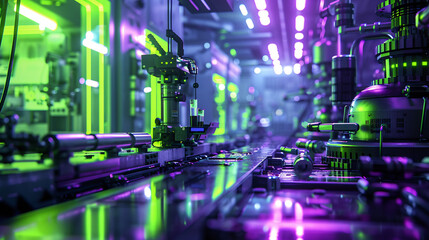 Obraz premium Futuristic Neon Green and Purple Robot Exploring High-Tech Laboratory with Copy Space