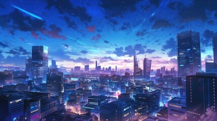 An anime city skyline at night, with skyscrapers lit up, bustling streets below, and a clear sky filled with stars