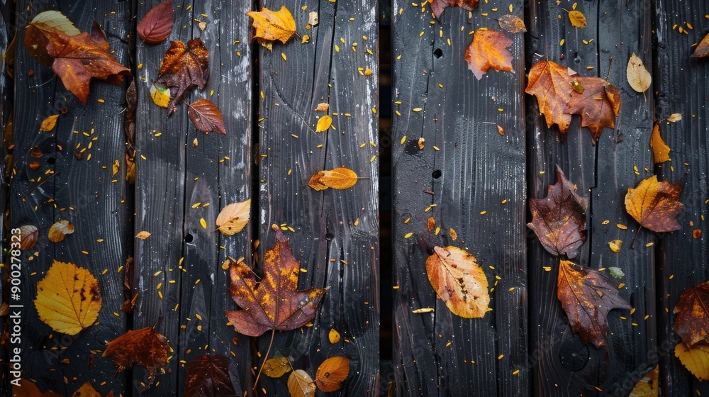 Poster a detailed view of leaves arranged on a wooden surface, suitable for use in nature-inspired designs 