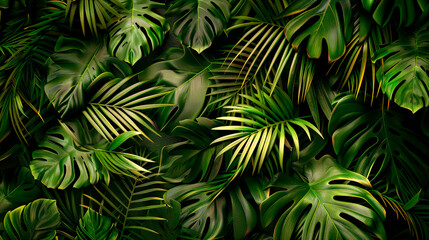Closeup nature view of green leaf and palms background. Flat lay,  tropical leaves.