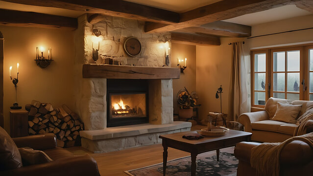 Ambiance rustique salon avec chemin&eacute;e  et poutres apparentes
