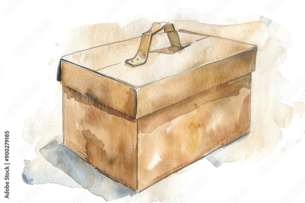 Poster A delicate watercolor illustration of a box with a handle, perfect for representing storage or packaging in various contexts