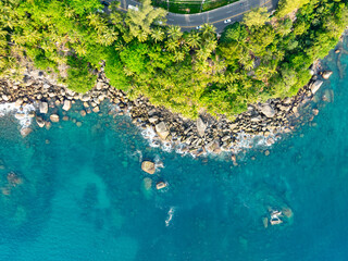 Amazing seascape view seashore and waves crashing on rocks,Aerial view beautiful sea in Phuket island Thailand
