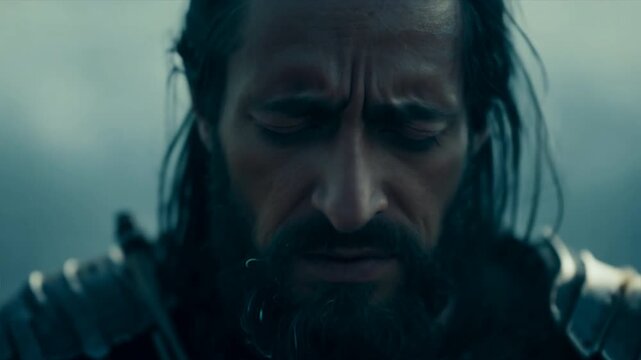 warrior face, with tears glistening on his cheeks, showcasing the raw emotion and inner turmoil.