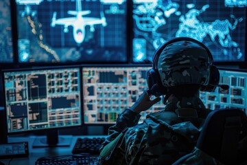 A military officer sits in front of two computer monitors, likely conducting operations or monitoring systems