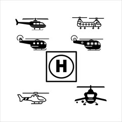 A set of helicopters. Black and white vector illustration.