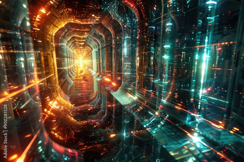 Poster a futuristic space station with glowing lights in the darkness of space