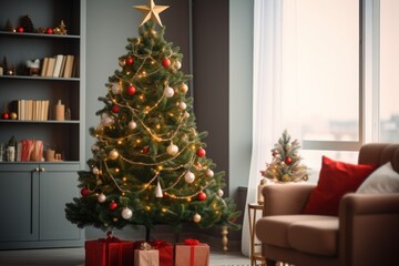 Christmas tree with decorations and gifts in a cozy room. Concept of holiday spirit, family, celebration, home warmth. Banner for Christmas, New Year