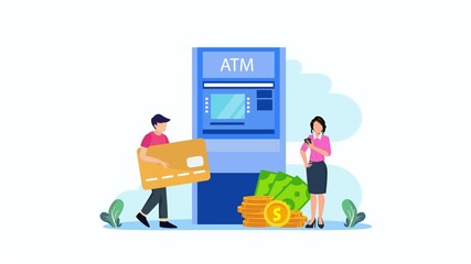 automatic withdrawal, atm machine, finance 2d video animation 4k clip