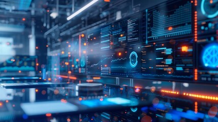 Fototapeta premium A high-tech workspace for a data scientist featuring a virtual data visualization environment, where complex datasets are explored through interactive 3D models.