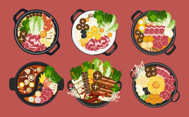 Vector set of shabu food, hot pot, and various spices. Hot soup and boiled vegetables in a hot pot, top view, kitchen utensils. Cooking. Isolated in the background. For elements in a restaurant menu.