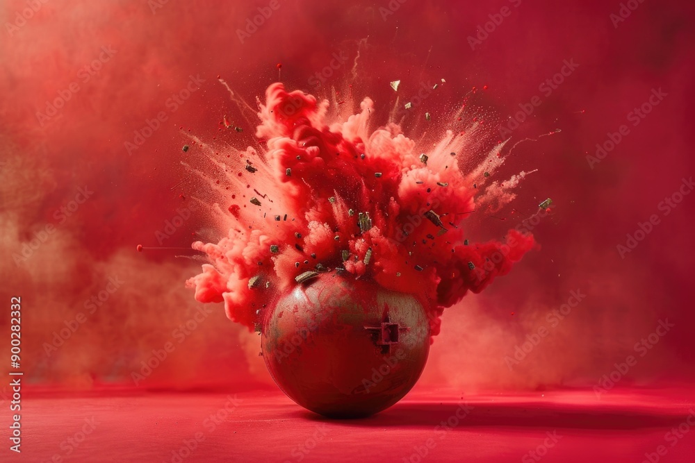 Poster a vase containing a bright red substance sits on a matching red surface