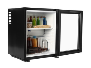 Mini refrigerator with drinks and snacks isolated on white