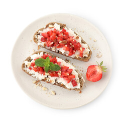 Delicious bruschettas with ricotta cheese, chopped strawberries and mint isolated on white, top view