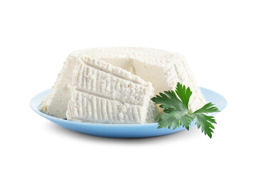 Tasty ricotta (cream cheese) and parsley isolated on white