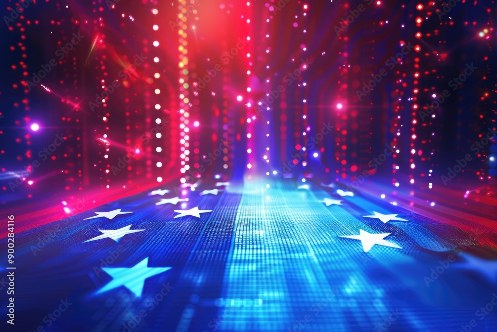 Poster a dark blue and red background with twinkling stars and lights, great for astronomy or space-themed 
