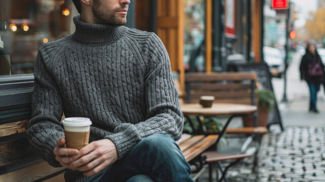 A stylish man in a gray sweater and jeans enjoys a cup of coffee while sitting on a bench outside a coffee shop.