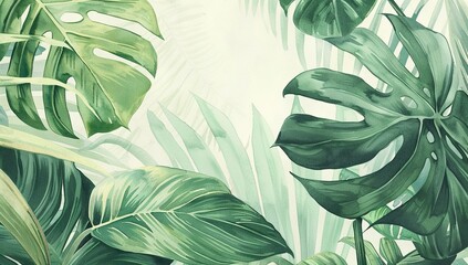 Green leaves in a flat design style illustrated with watercolor and gentle details