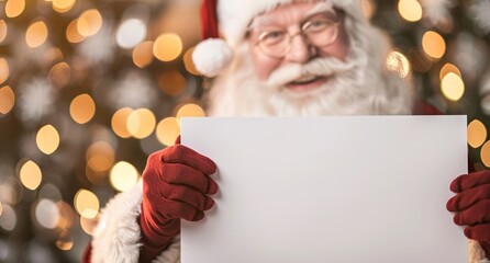 Santa Claus cheerfully holding a blank sign with a festive Christmas background