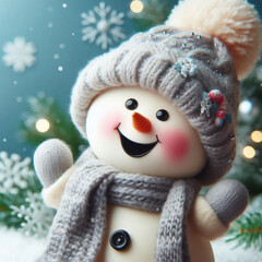 Closeup of cute funny laughing snowman with wool hat and scarf