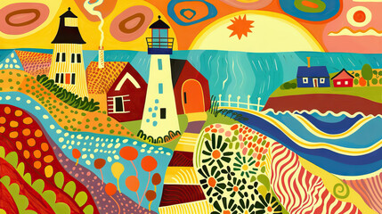 Fototapeta premium folk art Colorful Coastal lighthouses with sun.