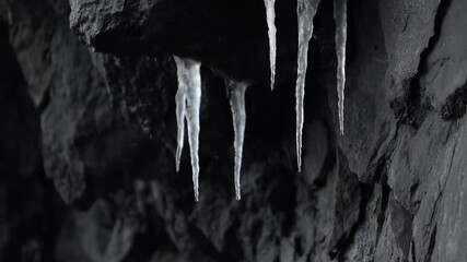 A rock covered in ice and snow. The ice is hanging from the rock and is in various shapes and sizes - Powered by Adobe